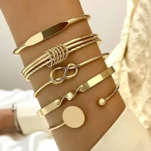5pcs Golden-Toned Bracelet Set | Vintage & Minimalist Style | Alloy Fashion Jewelry for Daily Wear and Parties