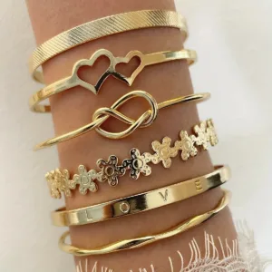 Bracelet Set with Heart | 6pcs Golden | Bracelets | Alloy Fashion Bangles for Women