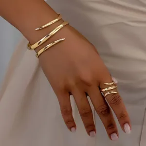 1set 1 Geometric Line Golden Bracelet And 1 Geometric Line Thick Ring | Party Wearing