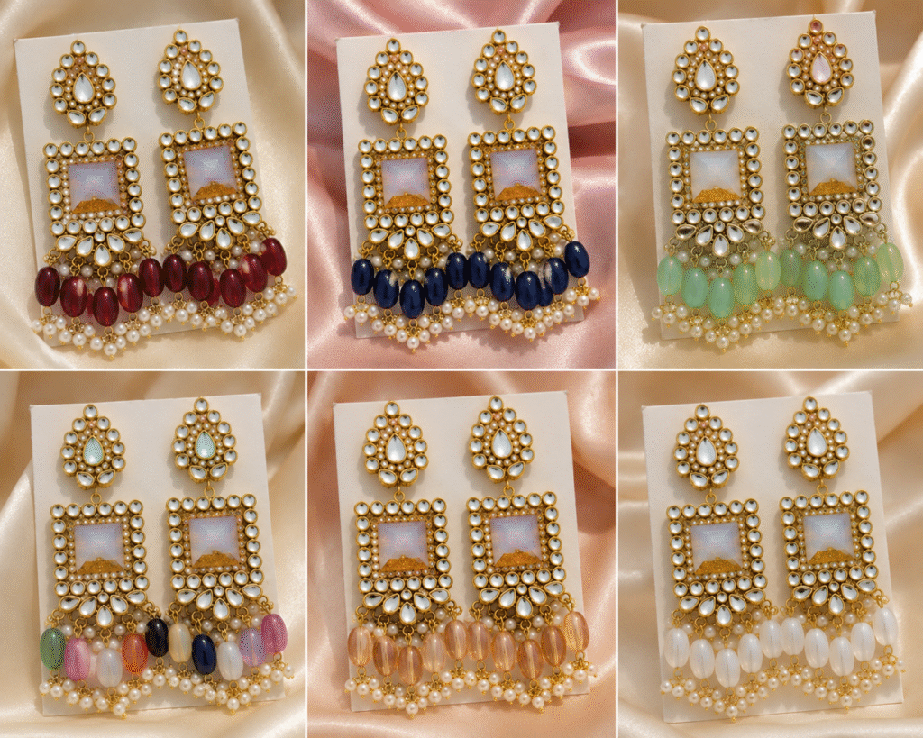 Luxury mirror pearl earrings with crystal detailing and pearl tassels in elegant traditional gold design for women