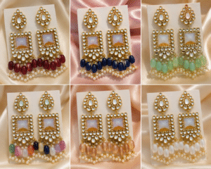 Luxury mirror pearl earrings with crystal detailing and pearl tassels in elegant traditional gold design for women