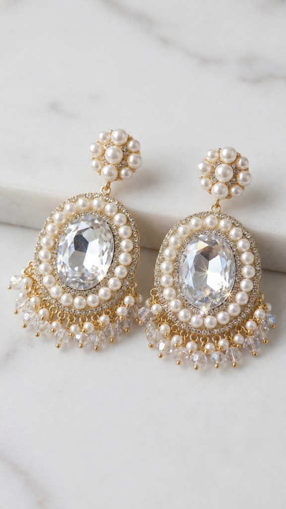 Elegant pearl crystal earrings with sparkling stones