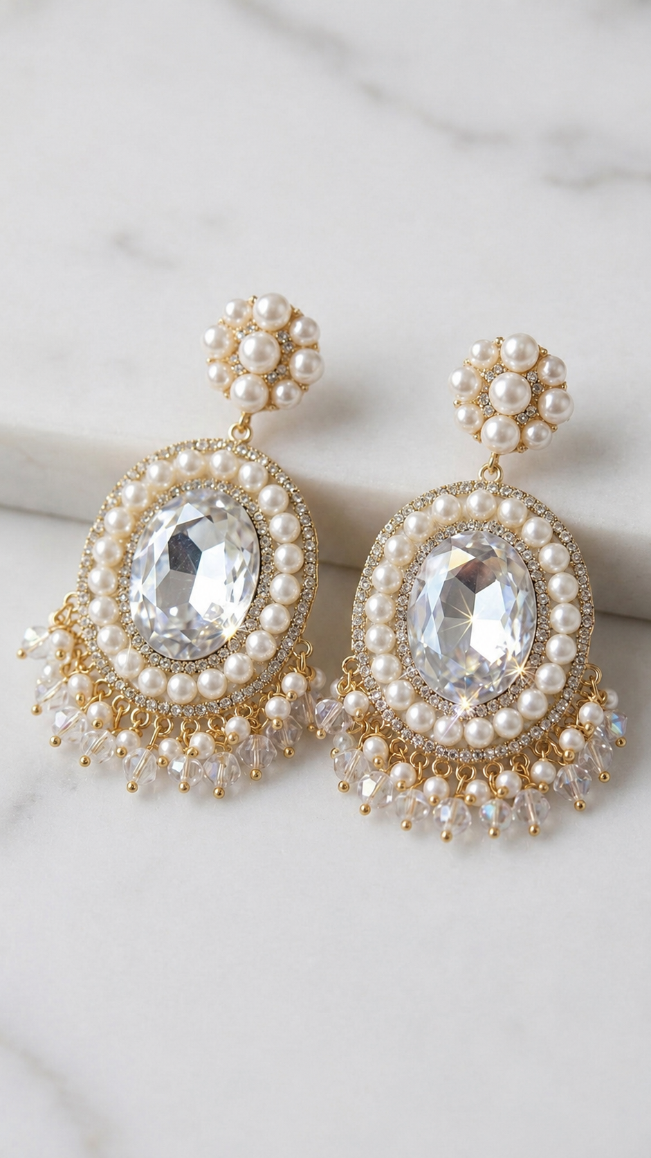 Elegant pearl crystal earrings with sparkling stones