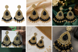 Elegant black stone gold plated chandbali earrings for women