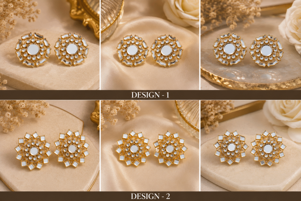 Elegant mirror stud earrings with golden traditional detailing for girls and women