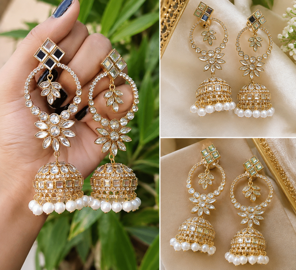 Customized jhumka earrings with gold details, sparkling stones and white pearl accents