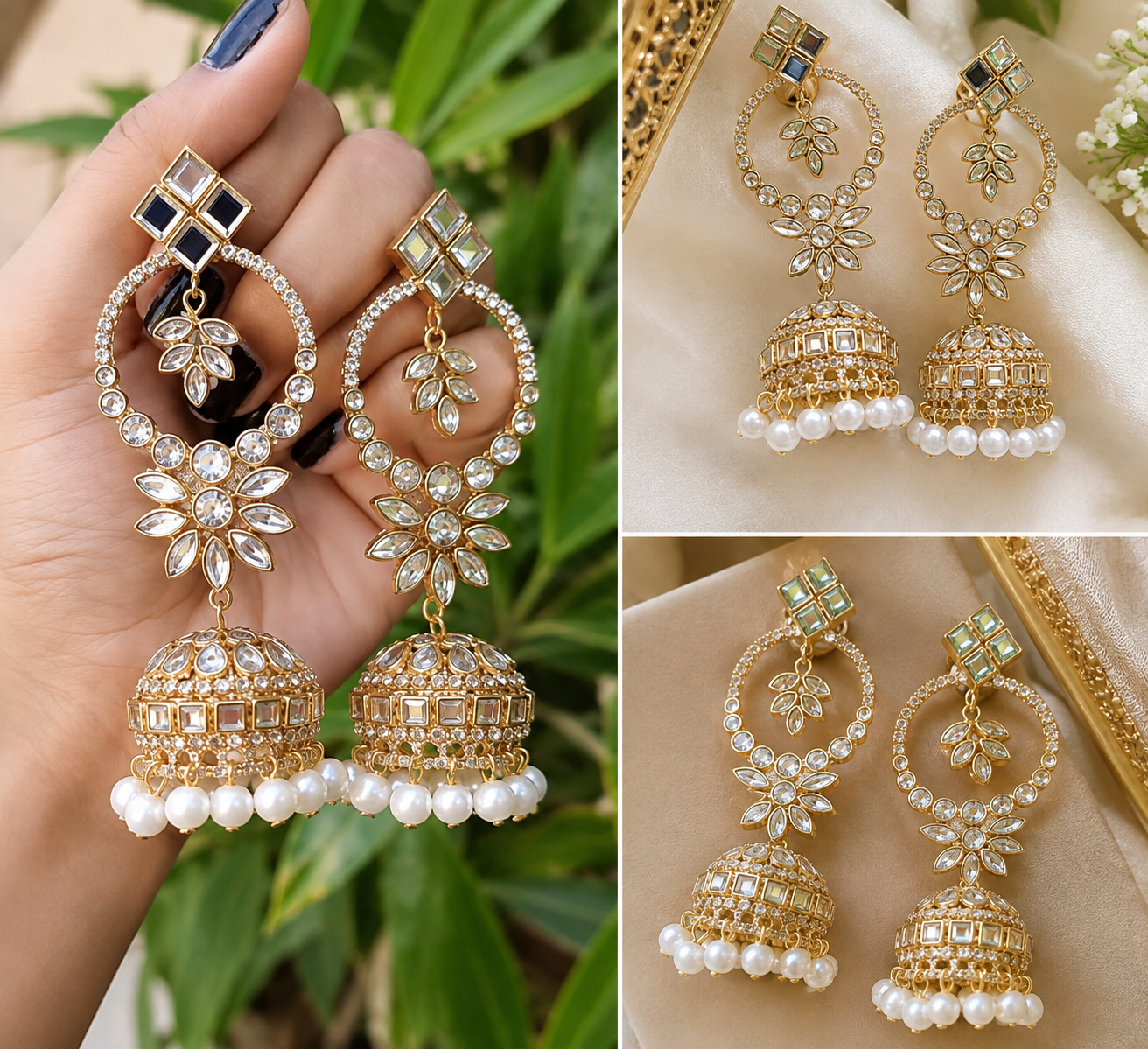 Customized jhumka earrings with gold details, sparkling stones and white pearl accents