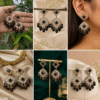 Black statement earrings with silver details and hanging black beads