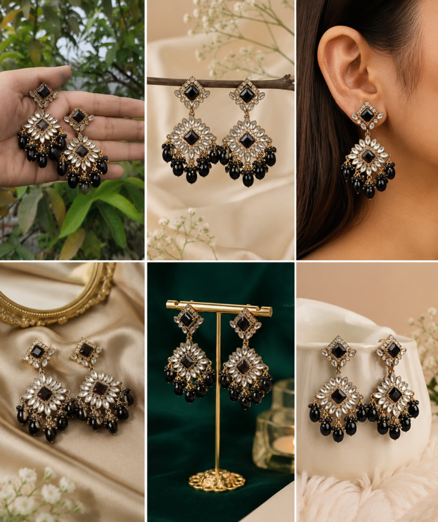 Black statement earrings with silver details and hanging black beads