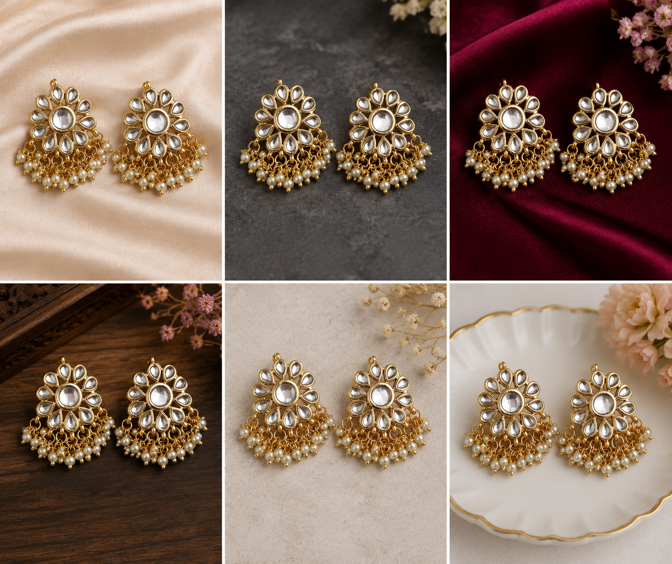 Elegant Kundan-style earrings with floral design and pearl accents