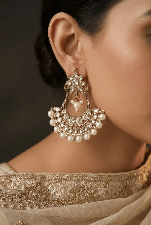 Chandbali earrings with elegant pearl and sparkling stone detailing